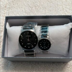 Strada Stylish Black and Silver Watch Set